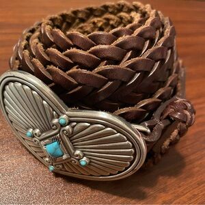 Brighton vintage southwest brown Leather Braided silver Heart buckle Belt 32"
